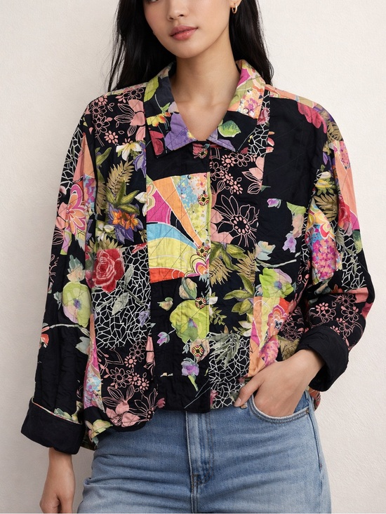 Casual Studio Jackets & Blazers - Casual Studio XL Rayon Patchwork Floral Black Button Front Jacket Shirt Vintage